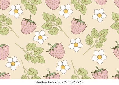 Abstract contemporary seamless patterns with daisy flower and strawberry. Aesthetic backgrounds, wallpapers set, modern minimalist decoration, pink and green colors