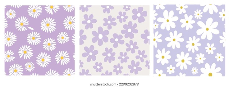 Abstract contemporary seamless patterns with floral design, daisy flowers, aesthetic backgrounds, wallpapers set, modern minimalist decoration