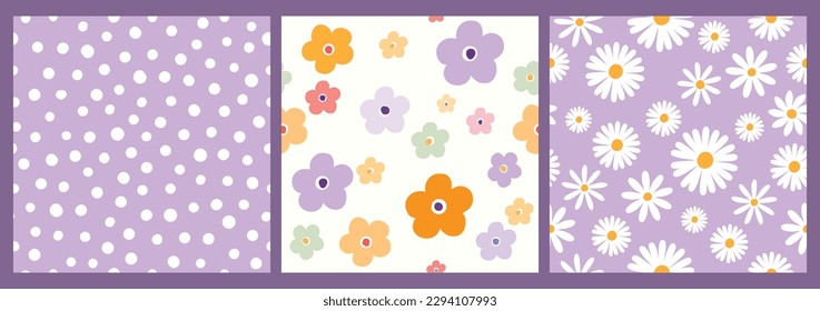 Abstract contemporary seamless patterns and floral design  daisy flowers  aesthetic backgrounds  wallpapers set  modern minimalist decoration  purple color
