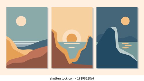 Abstract contemporary set of aesthetic backgrounds landscapes with sunrise, sunset, night. Earth tones, terra cotta colors. Vector flat illustration. Contemporary art print templates, boho wall decor