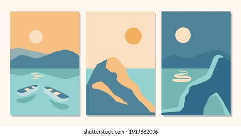 Abstract contemporary set of aesthetic backgrounds landscapes with sunrise, sunset, night, sea, boat with terra cotta colors.Vector flat illustration. Contemporary art print templates, boho wall decor