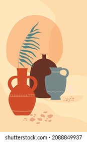 Abstract contemporary still life with ancient jugs. Minimalistic poster with antique tableware and tropical palm leaf. Vector graphics.