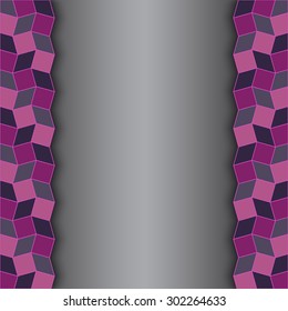 Abstract contemporary text or photo layout with violet and gray shades vertical borders of rhombus and square shapes on silver metallic background