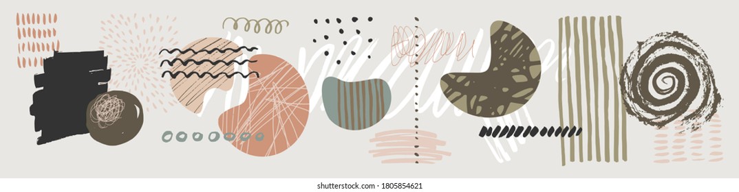 Abstract contemporary trendy artistic background. Wall art with hand drawn elements in earthy muted neutral colors. Organic shapes. Artistic home decoration print design. EPS 10 vector illustration