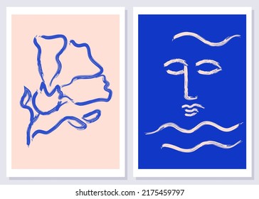 Abstract contemporary trendy backgrounds set. Mid century wall art posters. Modern scandi style. Bleu form. Minimalist wall art. Graphic line art print.