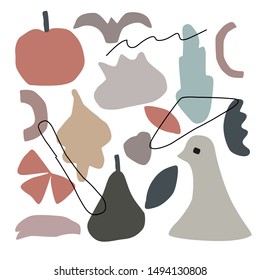 Abstract contemporary trendy print . Hand drawn modern set of the fruits, leaves, bird, lines. Natural theme. Vector illustration for interior, print, cart, banner.