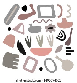 Abstract contemporary trendy set of various shapes, objects.  Hand drawn vector modern collection. Pastel colors illustration for interior, print, cart, banner, decoration. 