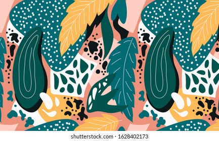 Abstract contemporary trendy vector seamless pattern. Hand drawn various shapes and doodle objects. Horizontal endless ornament