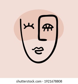 Abstract contemporary woman face. Modern trendy beauty sign. Female face symbol. Line art colorful drawing. Creative freehand doodle art. Vector illustration