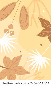 Abstract contemporary yellow pattern with autumn garden leaves and seeds vector illustration