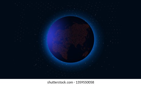 Abstract continent map created by binary code. Orange bytes of binary code, flying over the ground map europe, code background