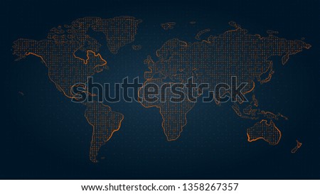 Abstract continent map created by binary code. Orange bytes of binary code, flying over the ground map, code background.