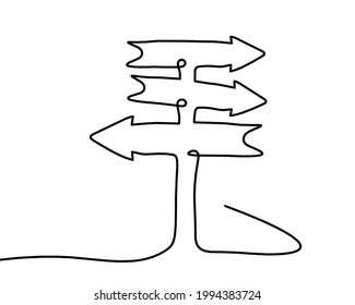 Abstract continuous drawing line arrow as sign of direction on white background. Vector