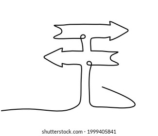 Abstract continuous drawing line arrow as sign of direction on white background. Vector