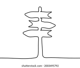 Abstract continuous drawing line arrow as sign of direction on white background. Vector