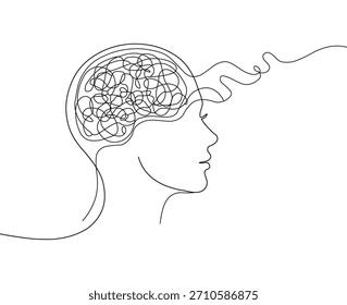 Abstract continuous line art drawing of a human head profile showing a complex tangled brain