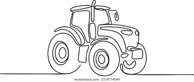 Abstrato desenho de arte de linha contínua do trator agrícola moderno com rodas grandes. Simples ilustração de uma linha representando máquinas agrícolas e trabalho rural.