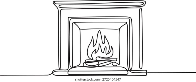 Dibujo Abstractas de una chimenea con leña ardiendo y llamas en el interior. Elemento de diseño simple de una línea para una acogedora decoración del hogar.