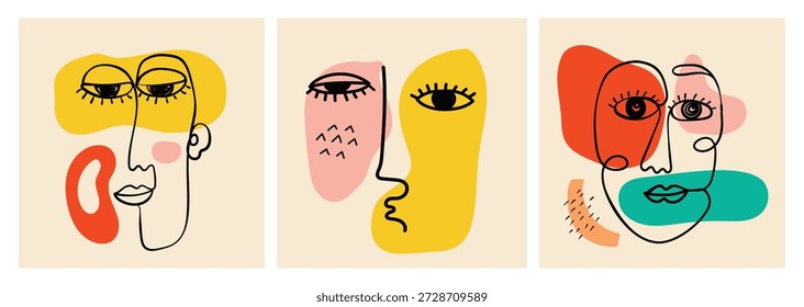 Abstract Continuous Line Art Faces with Colorful Geometric Shapes Set