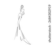 Abstract continuous line art illustration of a stylish female figure in long flowing dress. Perfect for fashion design, modern artwork, and beauty concepts.