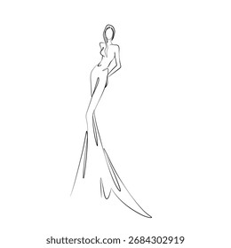 Ilustración Abstractas del arte de la línea continua de una figura femenina elegante en vestido largo que fluye. Perfecto para el diseño de moda, obras de arte modernas y conceptos de belleza.