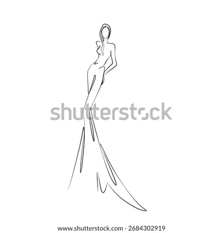 Abstract continuous line art illustration of a stylish female figure in long flowing dress. Perfect for fashion design, modern artwork, and beauty concepts.