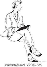 Arte de linha contínua abstrata de um terapeuta com um bloco de notas, minimalista e preto-e-branco apenas