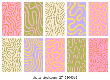 Abstract continuous line backgrounds set. Vertical video size templates collection. Twisted curved distorted lines, fluid, curved, wiggling stripes, waves. Liquid, chaotic retro ornaments, groovy hippie patterns collection. Doodle, uneven hand drawn wavy, organic winding lines