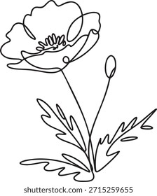 Abstractas dibujo de línea continua de hermosa flor de amapola. Elemento floral minimalista perfecto para el diseño moderno del tatuaje o la impresión elegante. Boceto botánico simple que representa la floración de la primavera y el arte de la naturaleza Ilustración de contorno aislado en fondo transparente listo para el uso editable del Vector.