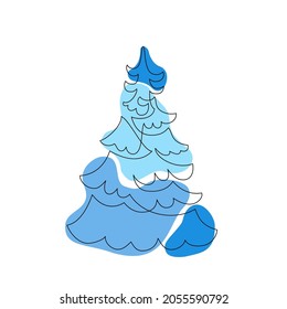 Abstract continuous line drawing of christmas tree. Fir-tree in snow background. Modern minimal Christmas card. Hand drawn vector illustration for holidays celebration design