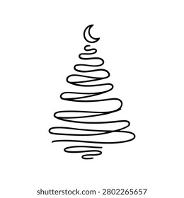 Abstract continuous line drawing of a christmas tree with crescent moon minimalist holiday art vector