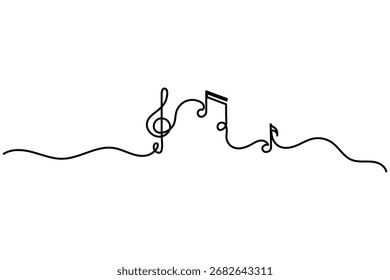 Abstract continuous line drawing of music notes and treble clef, ideal for art, posters, and music themes