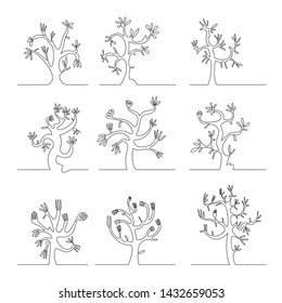 Abstract continuous line drawing of nature tree set. vector illustration.