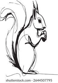 Abstract continuous line drawing of a squirrel holding a nut, minimalist and black-and-white only