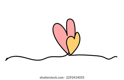 Abstract continuous line drawing of two hearts hugging each other. Symbol of love, care. Illustration of two hearts on a white background. Background for a romantic card, poster. Vector illustration