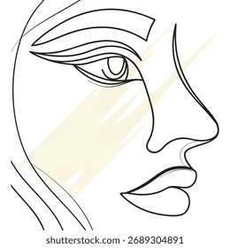 Abstract continuous line drawing a woman's profile with pale yellow brush strokes face