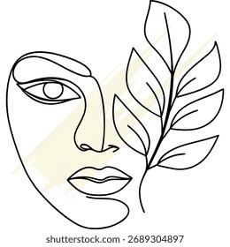 Abstract continuous line drawing a woman's face with a leaf vector