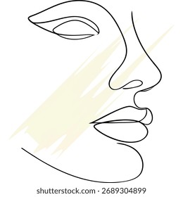 Abstract continuous line drawing a woman's face with pale yellow brush strokes vector