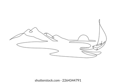 Abstract continuous line drawing yacht sailing sea during sunset  Simple one line nature illustration  Vector sunset wallpaper for minimal poster  template  adventure illustration