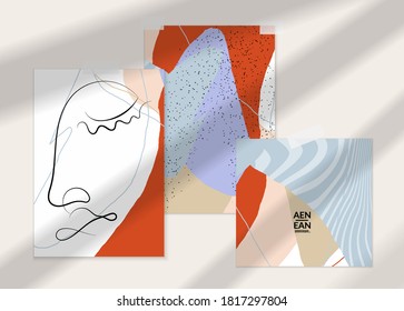 Abstract continuous line face. Portrait of a woman's face on organic pastel shapes and lines pattern. Contemporary composition in modern cubism art style. Wall art mock-up with shadow overlay.