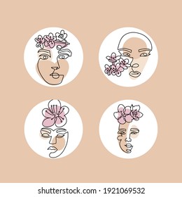 Resumen línea continua de cara femenina con flor puesta. Los medios sociales destacan las historias que rodean las portadas con personas dibujadas a mano que se enfrentan al estilo contemporáneo. Arte lineal vectorial