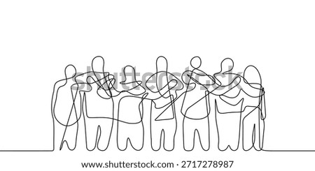 Abstract continuous line illustration of people standing close together expressing friendship teamwork human connection diversity and inclusive community concept
