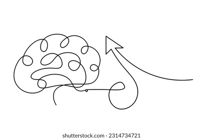 Abstract continuous lines arrows and brain as drawing on white background