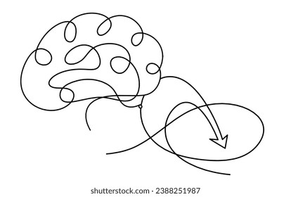 Abstract continuous lines arrows with brain drawing on white as background. Vector