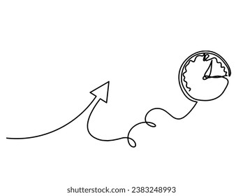 Abstract continuous lines arrows with clock drawing on white as background. Vector