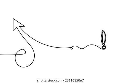 Abstract continuous lines arrows and exclamation mark as drawing on white background