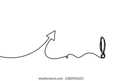 Abstract continuous lines arrows with exclamation mark drawing on white as background. Vector
