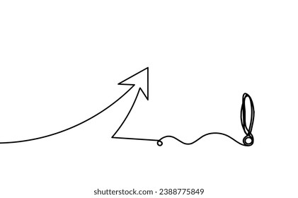Abstract continuous lines arrows with exclamation mark drawing on white as background. Vector
