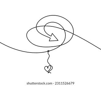 Abstract continuous lines arrows and heart as drawing on white background