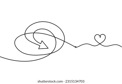 Abstract continuous lines arrows and heart as drawing on white background